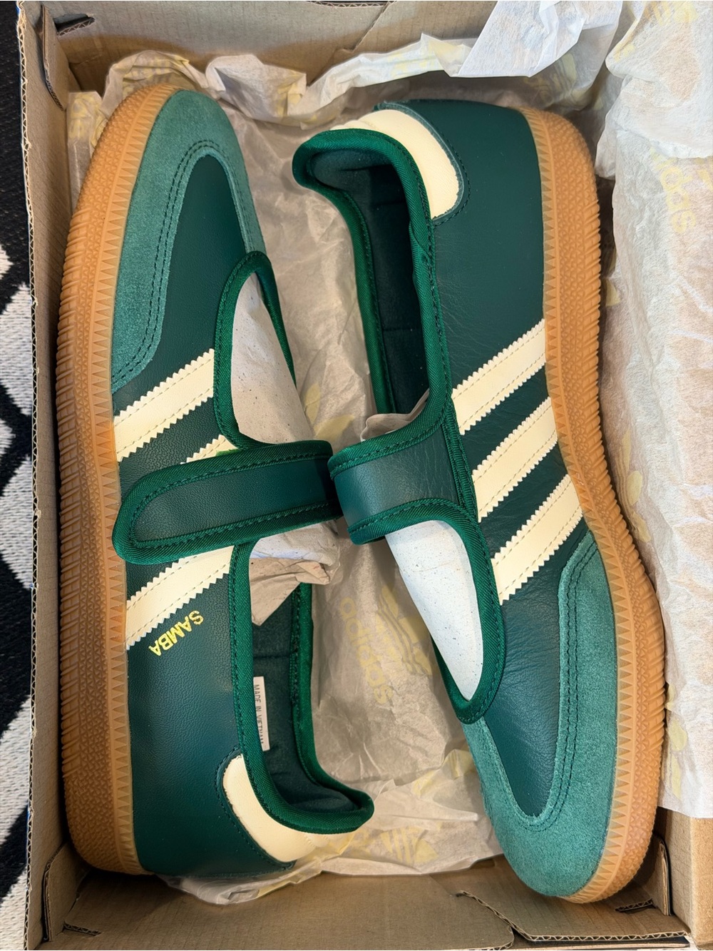 adidas Green Samba Janes with White Stripes and Gum Sole